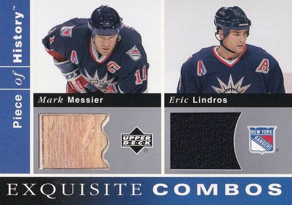 jersey stick karta MESSIER/LINDROS 02-03 Piece of History Exquisite Combos číslo EC-LM